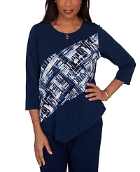 Alfred Dunner Petite Etched Plaid Diagonal Puff Printed Top