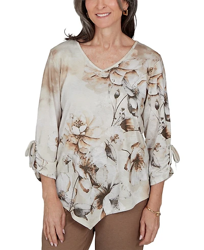 Alfred Dunner Petite Floral-Print 3/4-Sleeve V-Neck Blouse