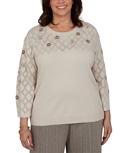 Alfred Dunner Plus 3/4-Sleeve Crewneck Pullover Sweater
