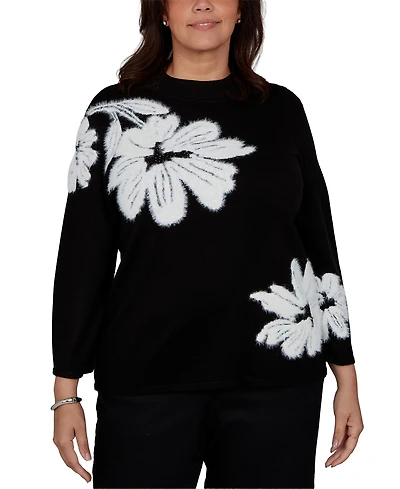 Alfred Dunner Plus 3/4-Sleeve Floral-Print Crewneck Pullover Sweater