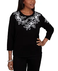 Alfred Dunner Petite Floral Scroll Soutache Sweater