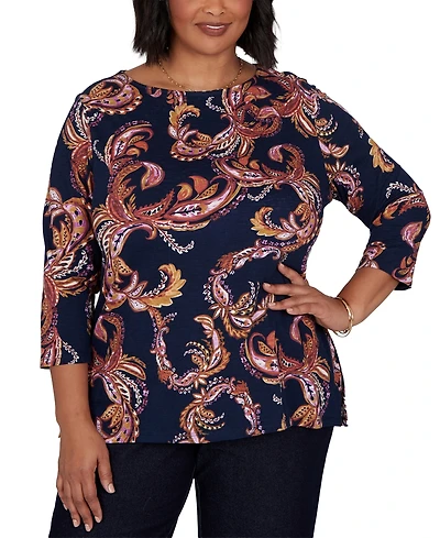 Ruby Rd. Plus Paisley 3/4-Sleeve Boat-Neck T-Shirt