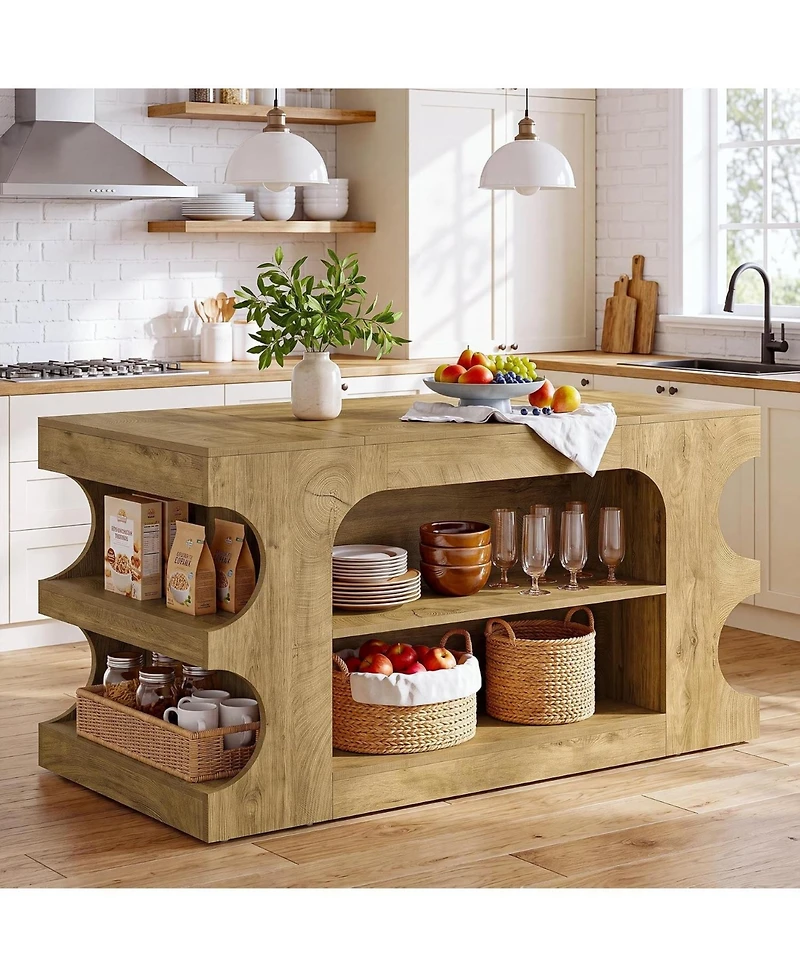 Tribesigns Wood Kitchen Island with Storage Shelves, 63'' Farmhouse Island Table with Seating