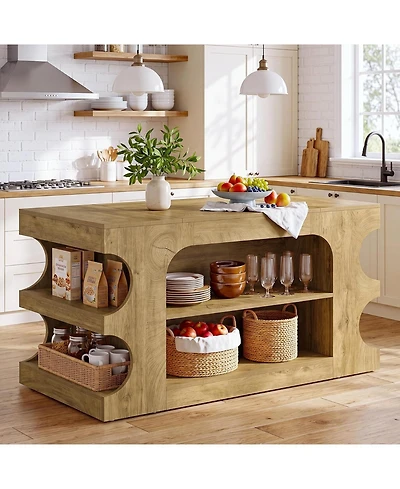 Tribesigns Wood Kitchen Island with Storage Shelves, 63'' Farmhouse Island Table with Seating