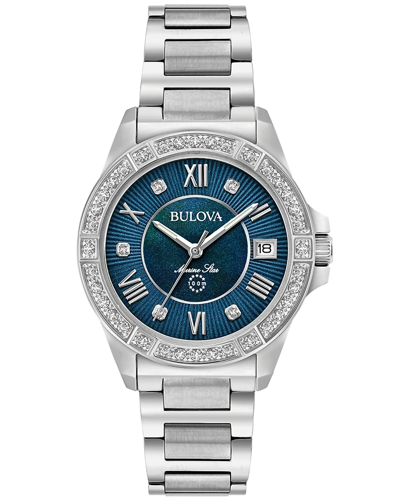 Bulova Women's Diamond Accent Marine Star Stainless Steel Bracelet Watch 32mm 96R215