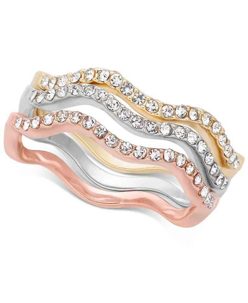 Charter Club Tri-Tone Silver, Gold Plated, 18K Rose Plated 3-Pc. Set Pave Wavy Rings, Created for Macy's