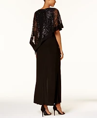 R & M Richards Sequined Lace Cape Gown