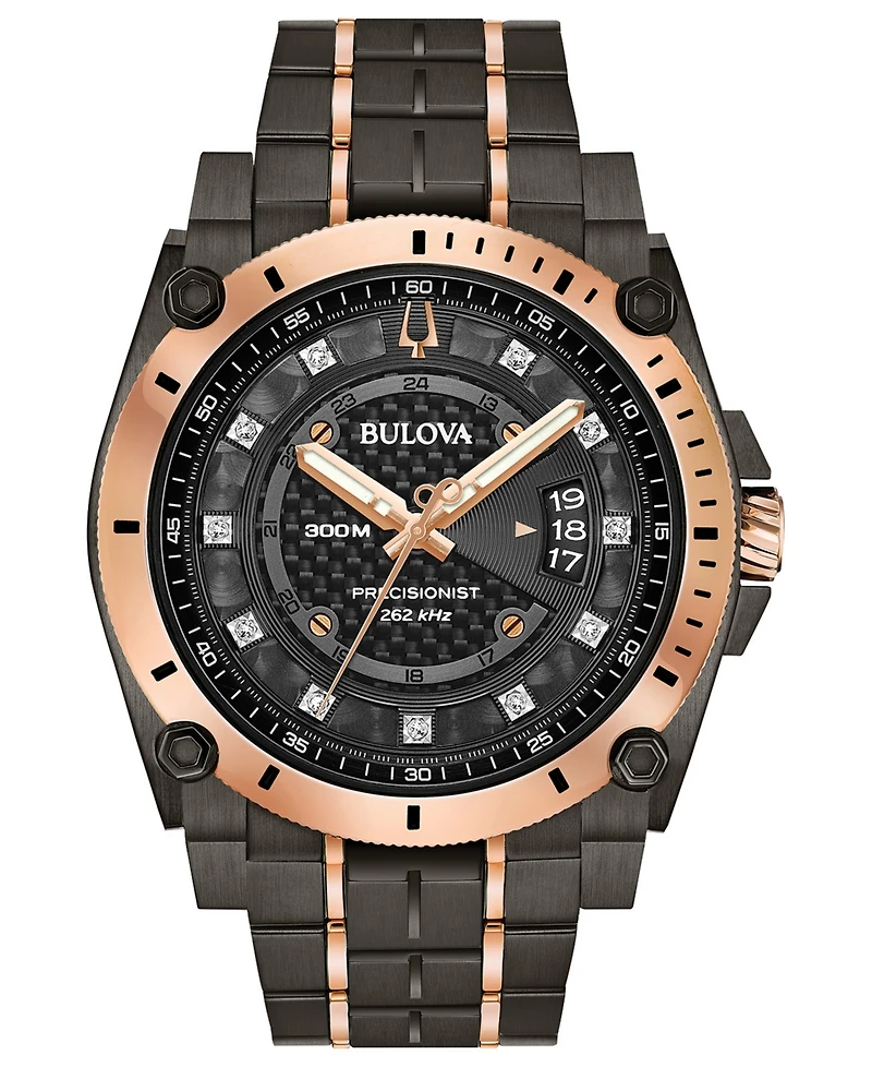 Bulova Men's Precisionist Champlain Diamond-Accent Gray & Rose Gold-Tone Stainless Steel Bracelet Watch 46.5mm