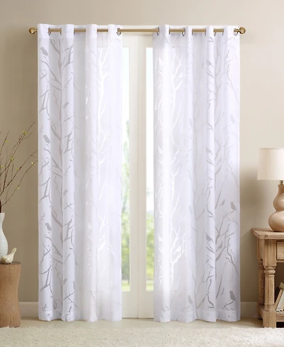 Madison Park Averil Grommet Top Sheer Window Curtain, grey sheer curtains 95 inches long Single Curtain, Width 50 Bird on Branches Burnout curtains sh