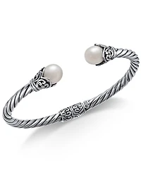 Cultured Freshwater Pearl (8mm) Filigree Bangle Bracelet in Sterling Silver