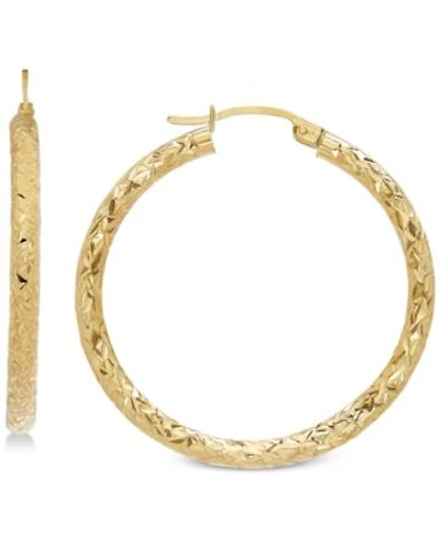Macys Textured Diamond Cut Hoop Earrings In 14k Yellow Gold
