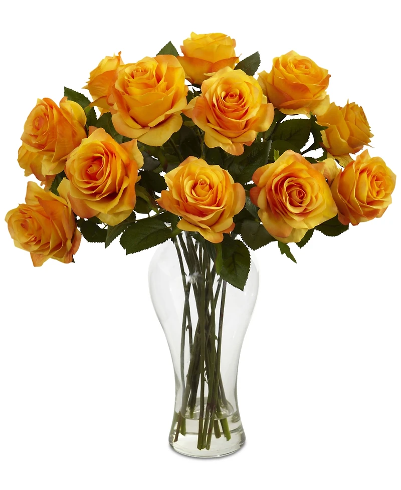 Nearly Natural Blooming Roses Artificial Arrangement in Glass Vase
