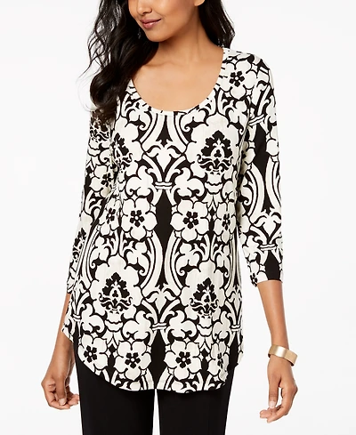Jm Collection Women's Printed Scoop-Neck 3/4-Sleeve Top, Exclusively at Macy's