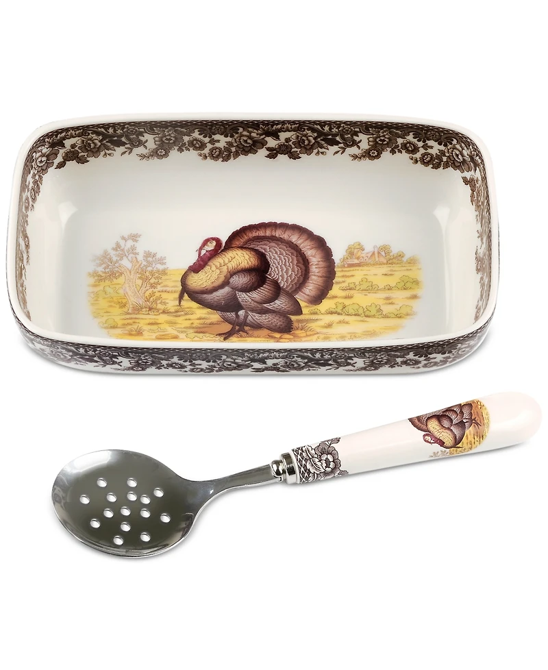 Spode Woodland Turkey Cranberry Dish with Slotted Spoon
