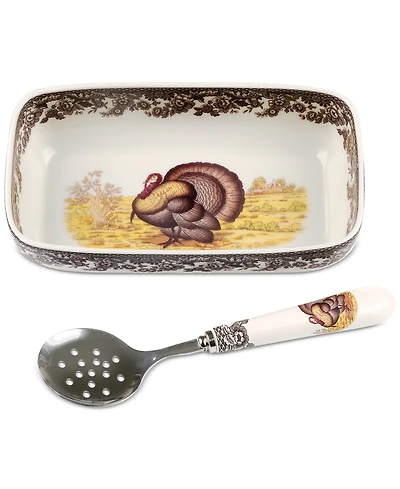 Spode Woodland Turkey Cranberry Dish with Slotted Spoon