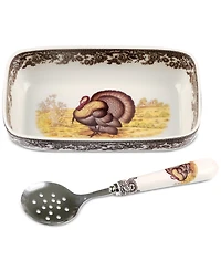 Spode Woodland Turkey Cranberry Dish with Slotted Spoon