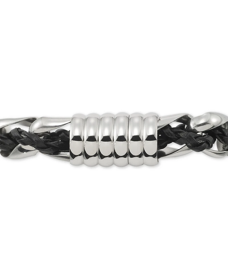 Legacy for Men by Simone I. Smith Black Leather Braided Bracelet in Stainless Steel
