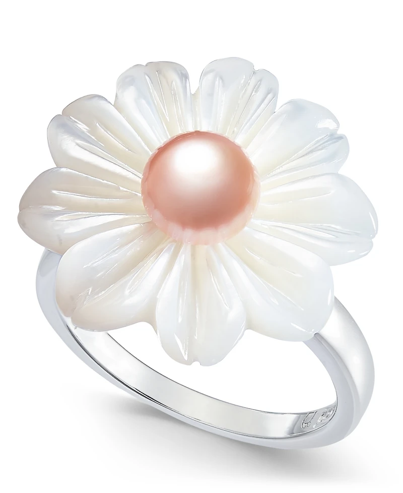 Pink Cultured Freshwater Button Pearl (6mm) & Mother-of-Pearl Flower Statement Ring in Sterling Silver