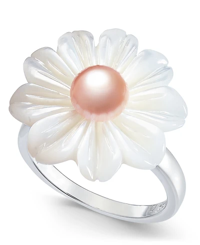 Pink Cultured Freshwater Button Pearl (6mm) & Mother-of-Pearl Flower Statement Ring in Sterling Silver