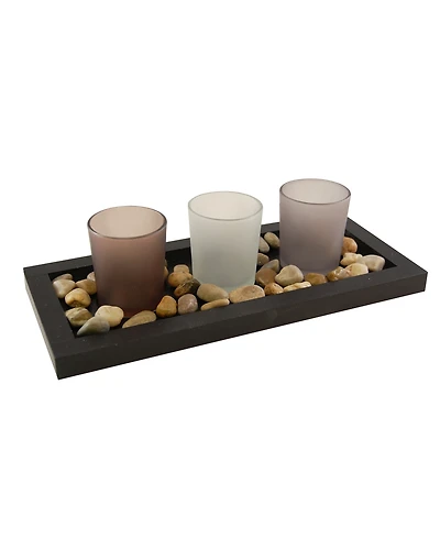 Lumabase Wooden Pebble Tray with 3 Glass Votive Holders