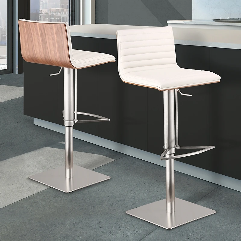 Cafe Adjustable Height Swivel Gray Artificial leather and Walnut Wood Bar Stool with Brushed Stainless Steel Base