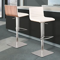 Cafe Adjustable Height Swivel Gray Artificial leather and Walnut Wood Bar Stool with Brushed Stainless Steel Base