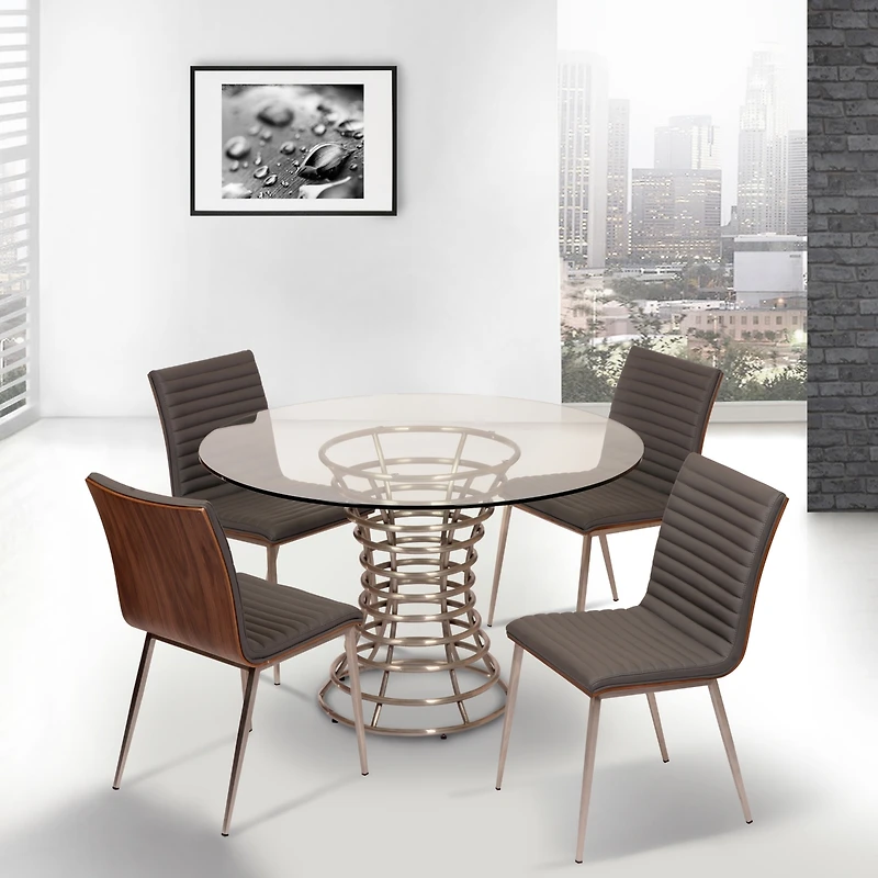 Cafe Brushed Stainless Steel Dining Chair Gray Artificial leather with Walnut Back - Set of 2