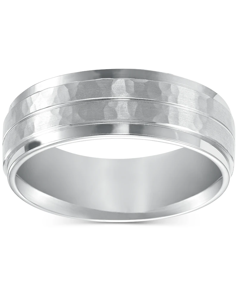 Men's Hammered and Brush Finish Wedding Band 14k White Gold