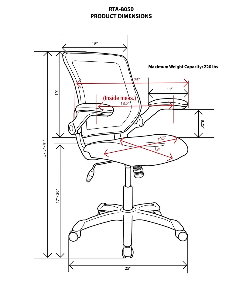 Techni Mobili Mesh Office Chair with Lumbar Support and Flip-Up Arms
