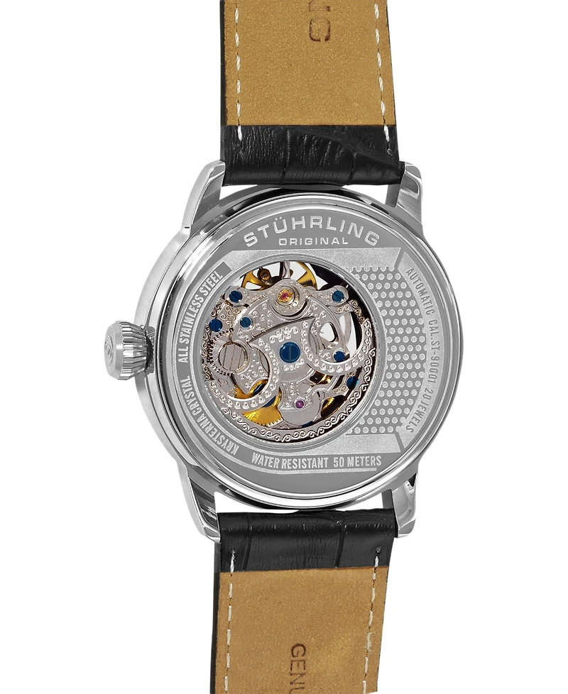 Stuhrling Stainless Steel Case on Black Perforated Alligator Embossed Genuine Leather Strap with White Contrast Stitching, Black Skeletonized Dial, wi