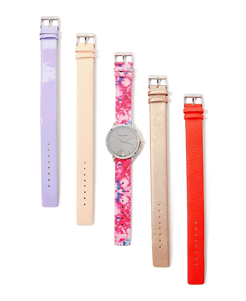 Laura Ashley Silver Slidethrough Interchangeable Sleek Dial Floral Straps Set Watch