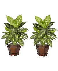 Nearly Natural Dieffenbachia w/Wood Vase Silk Plant, Set of 2