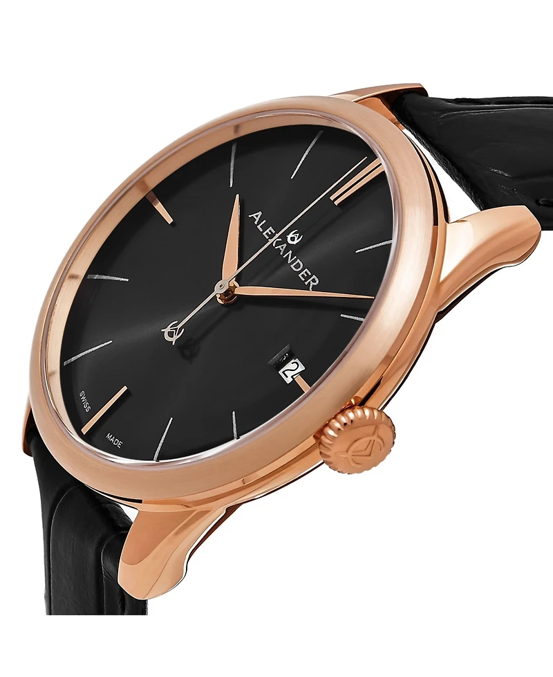 Alexander Watch A911-05, Stainless Steel Rose Gold Tone Case on Black Embossed Genuine Leather Strap