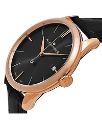 Alexander Watch A911-05, Stainless Steel Rose Gold Tone Case on Black Embossed Genuine Leather Strap