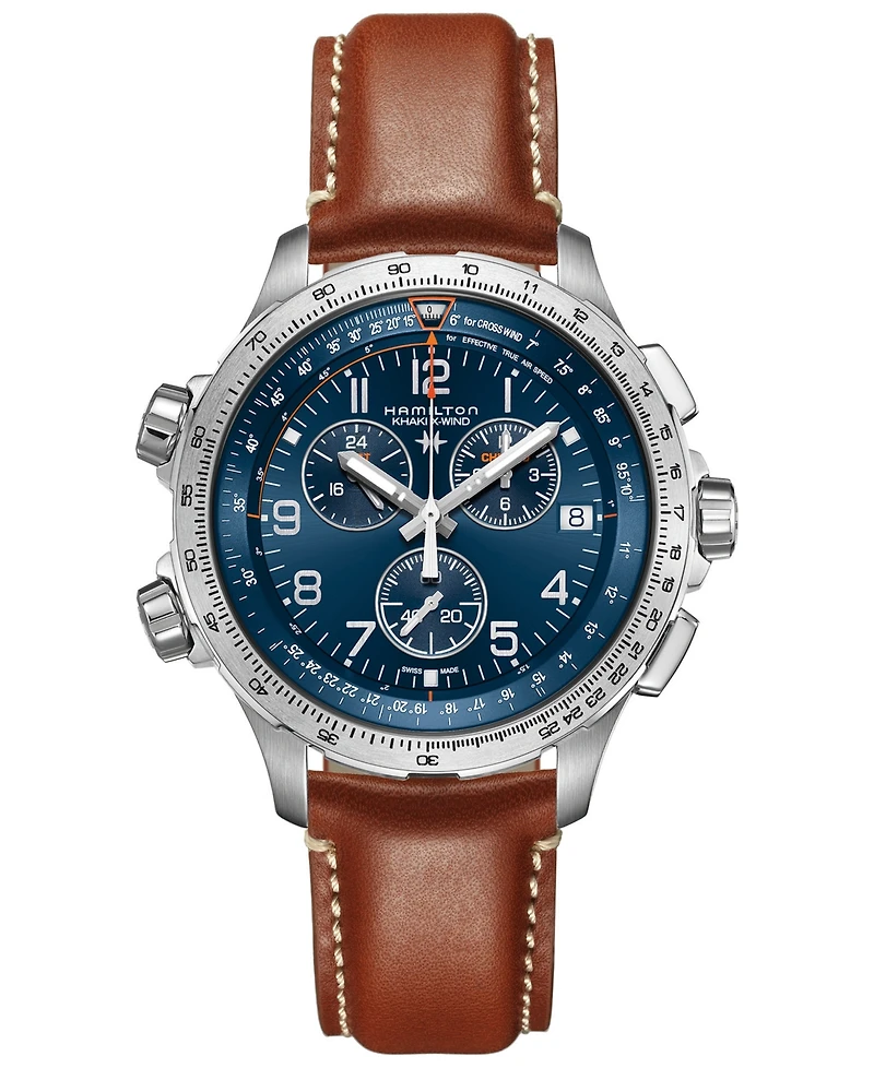 Hamilton Men's Swiss Chronograph Khaki X-Wind Gmt Brown Leather Strap Watch 46mm