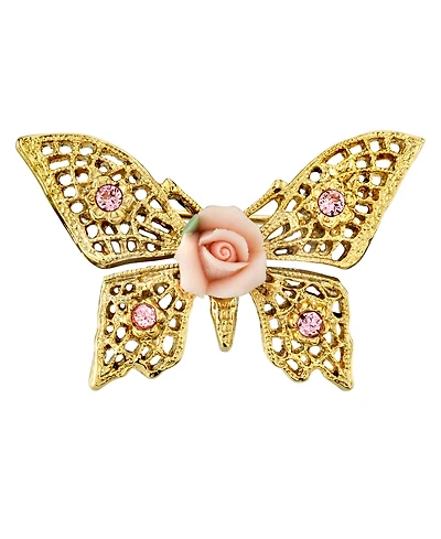 2028 Gold-Tone Pink Crystal and Porcelain Rose Butterfly Brooch