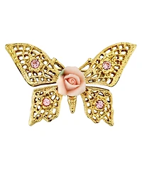 2028 Gold-Tone Pink Crystal and Porcelain Rose Butterfly Brooch