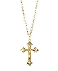 2028 14K Gold Tone Simulated Pearl Chain Crucifix Cross Pendant Necklace 16" Adjustable