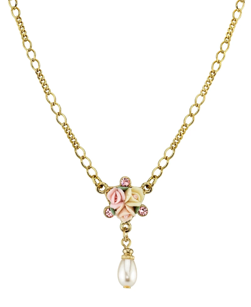 2028 Gold-Tone Crystal Ivory and Pink Porcelain Rose Simulated Pearl Necklace 16" Adjustable