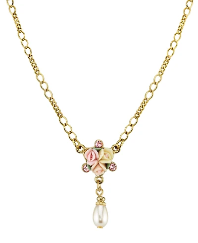 2028 Gold-Tone Crystal Ivory and Pink Porcelain Rose Simulated Pearl Necklace 16" Adjustable