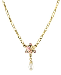 2028 Gold-Tone Crystal Ivory and Pink Porcelain Rose Simulated Pearl Necklace 16" Adjustable