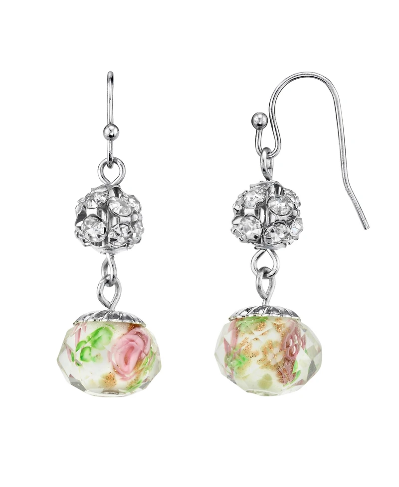 2028 Silver Tone Crystal Pink Flower Beaded Drop Wire Earring
