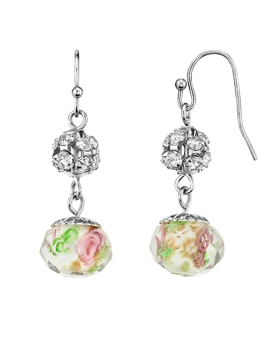 2028 Silver Tone Crystal Pink Flower Beaded Drop Wire Earring