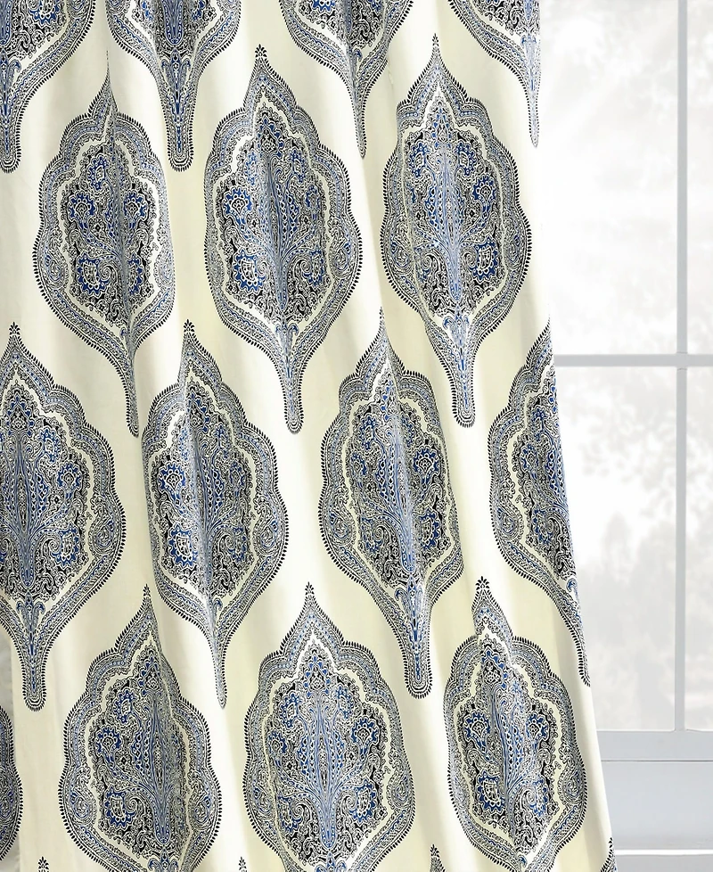 Half Price Drapes Arabesque Blue Emblem Printed Cotton Room Darkening Curtain