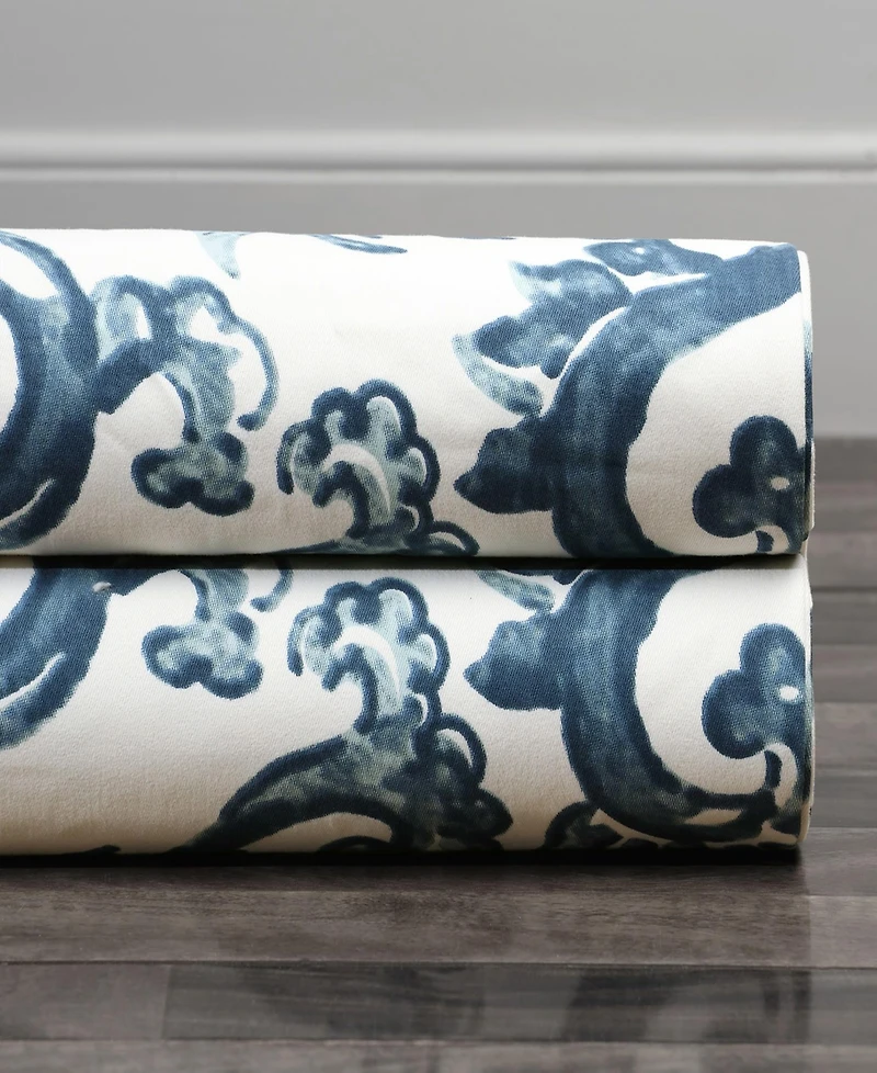 Half Price Drapes Indonesian Blue Floral Printed Cotton Room Darkening Curtain