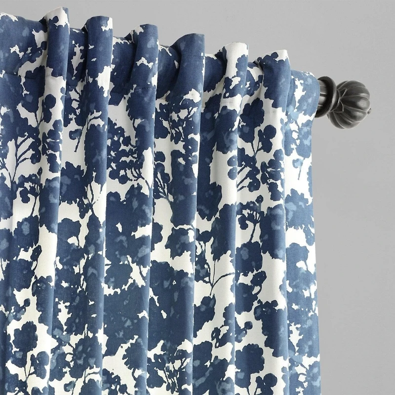 Half Price Drapes Fleur Blue Floral Printed Cotton Room Darkening Curtain