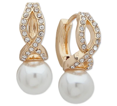 Anne Klein Gold-tone Imitation Pearl And Crystal Huggie Drop Earrings
