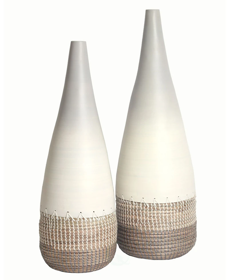 Uniquewise Spun Bamboo and Coiled Seagrass Patterned Vase, Set of 2
