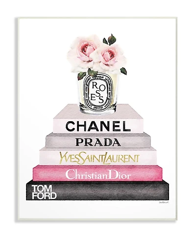 Stupell Industries Book Stack Fashion Candle Pink Rose Wall Plaque Art