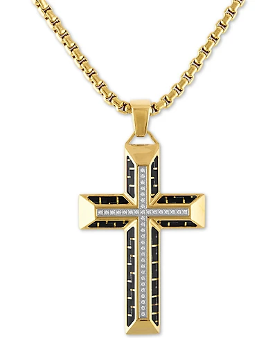 Esquire Men's Jewelry Diamond Cross 22" Pendant Necklace Gold Tone Ion-Plated Stainless Steel & Black Carbon Fiber, Created for Macy's (Also Bla